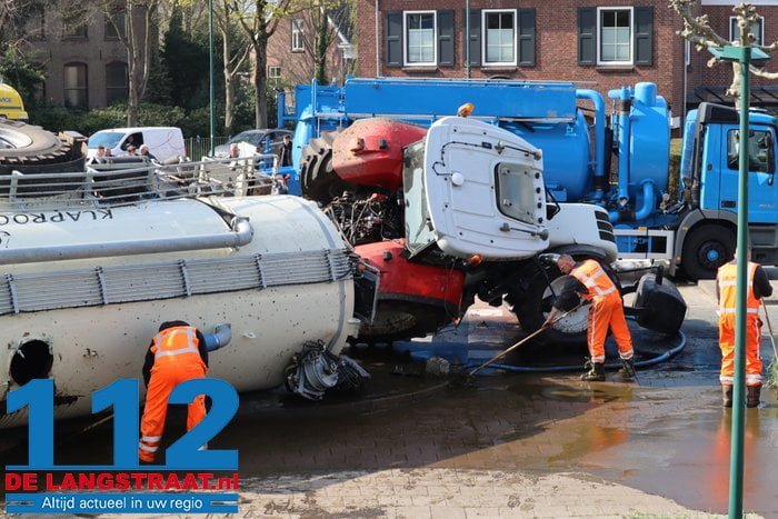 Ravage en stank door gekantelde tractor met giertank op rotonde in Dongen 20 Ravage en stank door gekantelde tractor met giertank op rotonde in Dongen 112 De Langstraat