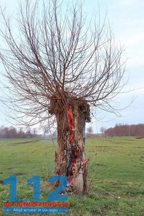 Jongentje in brandweerkleding helpt brandweer bij blussen brandende knotwilg Sprang-Capelle 112 De Langstraat