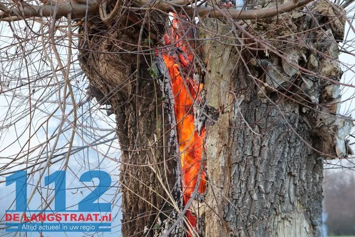 Jongentje in brandweerkleding helpt brandweer bij blussen brandende knotwilg Sprang-Capelle 112 De Langstraat
