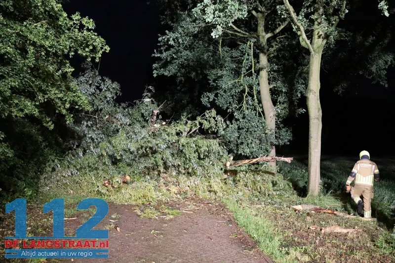 Boom waait dwars over de weg in Waspik tijdens noodweer 112 De Langstraat