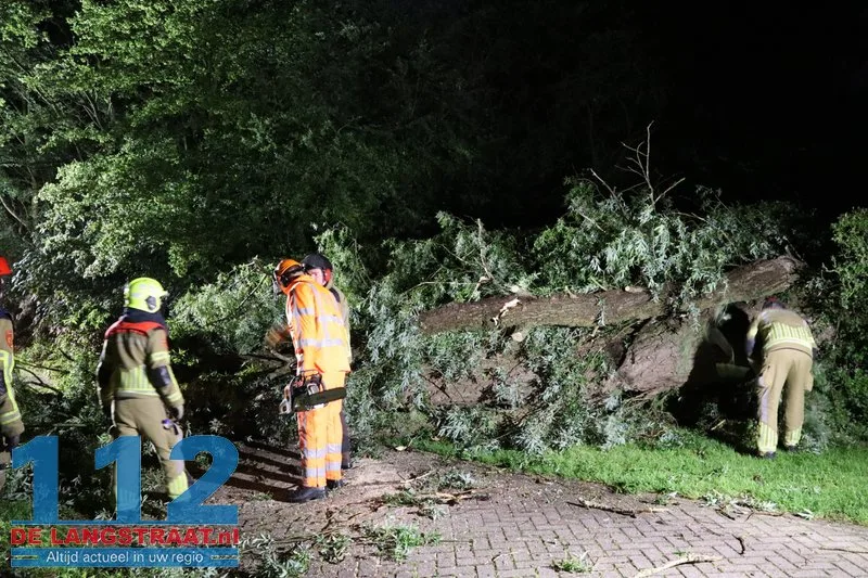 Boom waait dwars over de weg in Waspik tijdens noodweer 112 De Langstraat