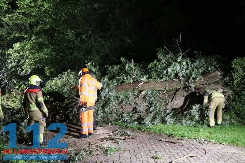 Boom waait dwars over de weg in Waspik tijdens noodweer 112 De Langstraat