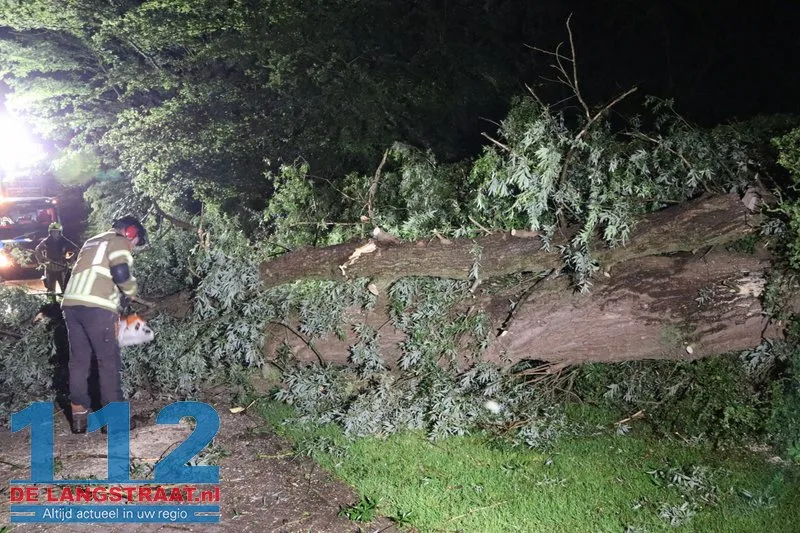 Boom waait dwars over de weg in Waspik tijdens noodweer 112 De Langstraat