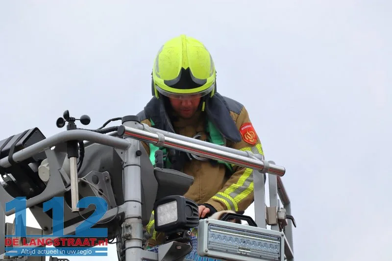 Brandweer redt kat uit top van conifeer aan Johann Straussstraat met hoogwerker Waalwijk 112 De Langstraat